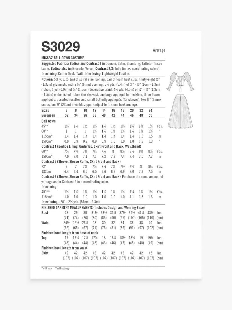 Simplicity ball gown costume sewing pattern S3029 (British brand)