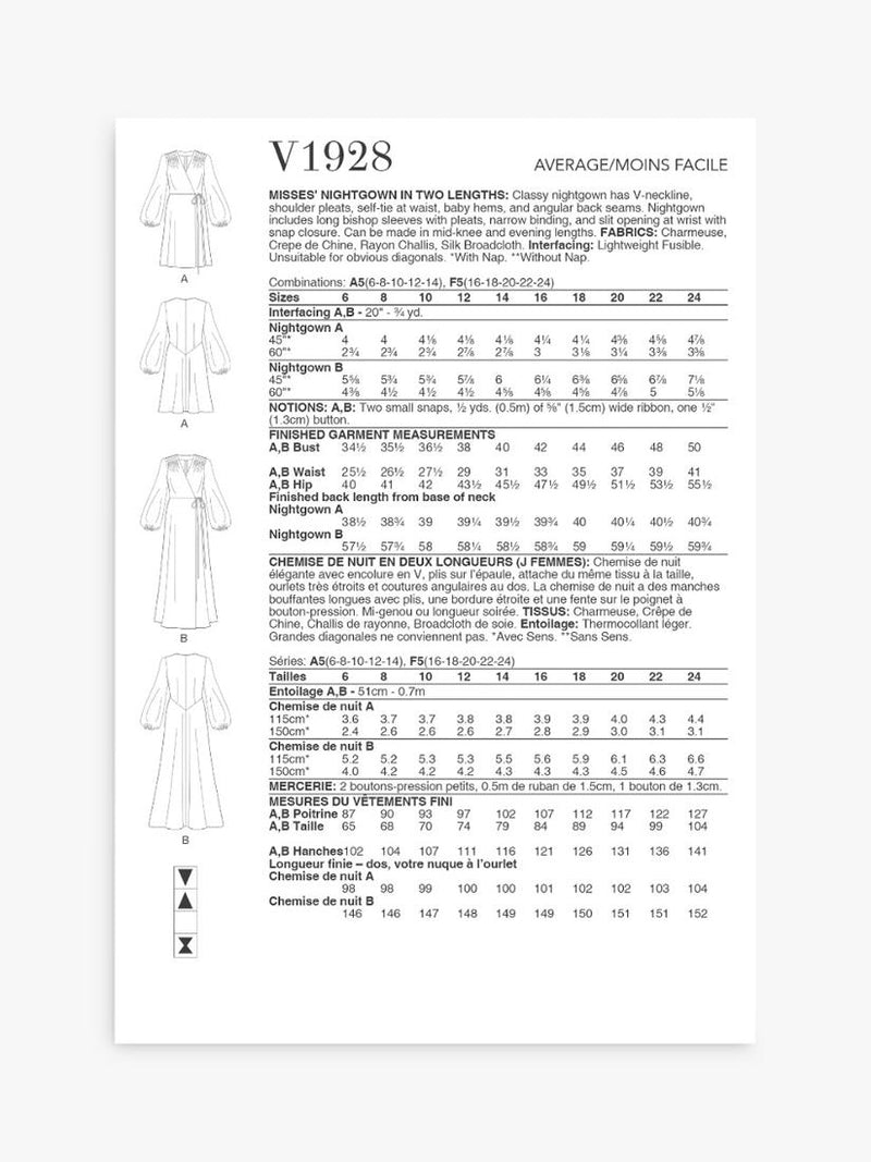 Vogue Nachthemd Näh-Muster V1928 - Britisches Produkt