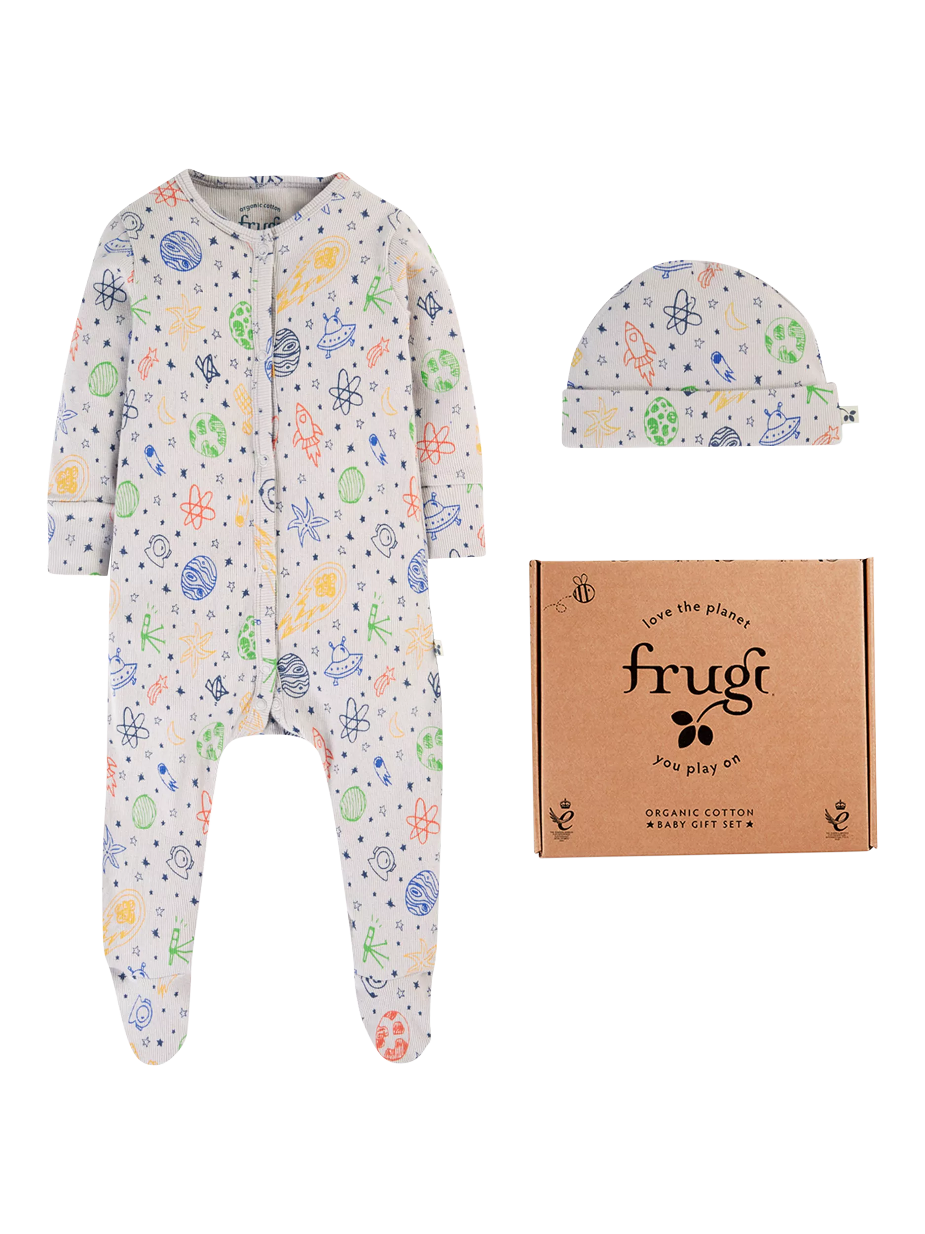 Frugi Baby Rey Sleepsuit & Hat Gift Set, Dream Big/Grey - McGrocer