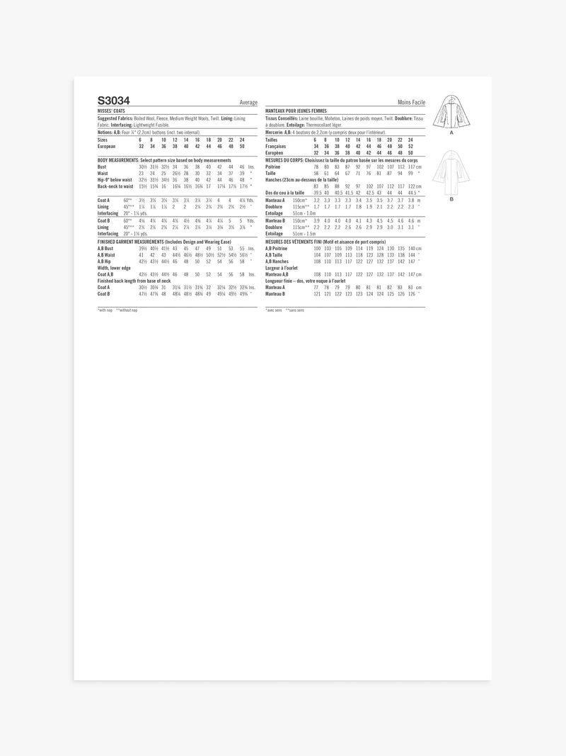 Simplicity sewing pattern Misses Coats S3034 - British product