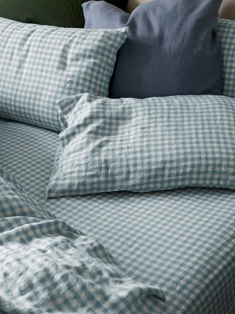 Piglet in Bed gingham linen fitted sheet, imported from the UK