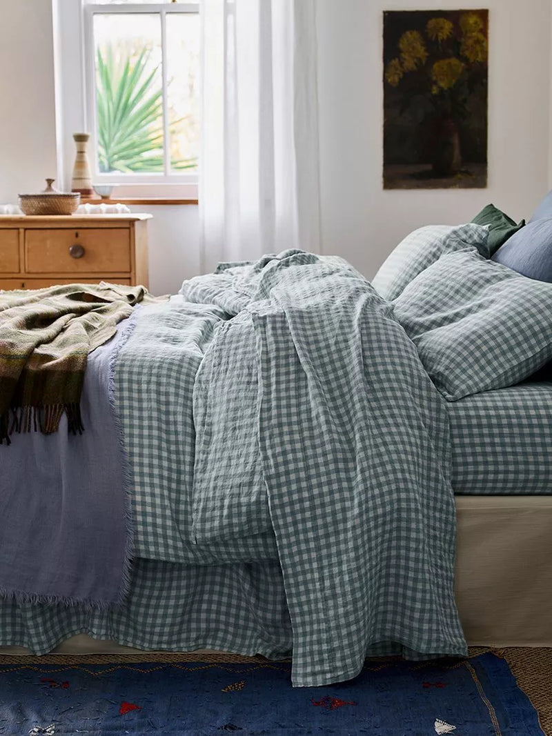 Piglet in Bed Gingham Linen Flat Sheet Double