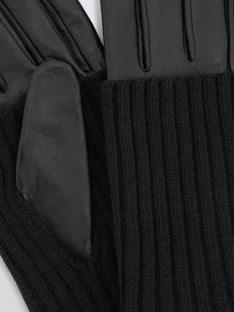 John Lewis knitted cuff leather gloves black, imported from the UK