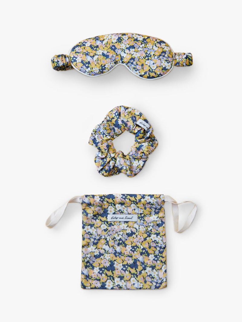 Padded Eye Mask and Hair Scrunchie Set with Summer Patchwork Print in Viscose Satin, Includes Storage Pouch
