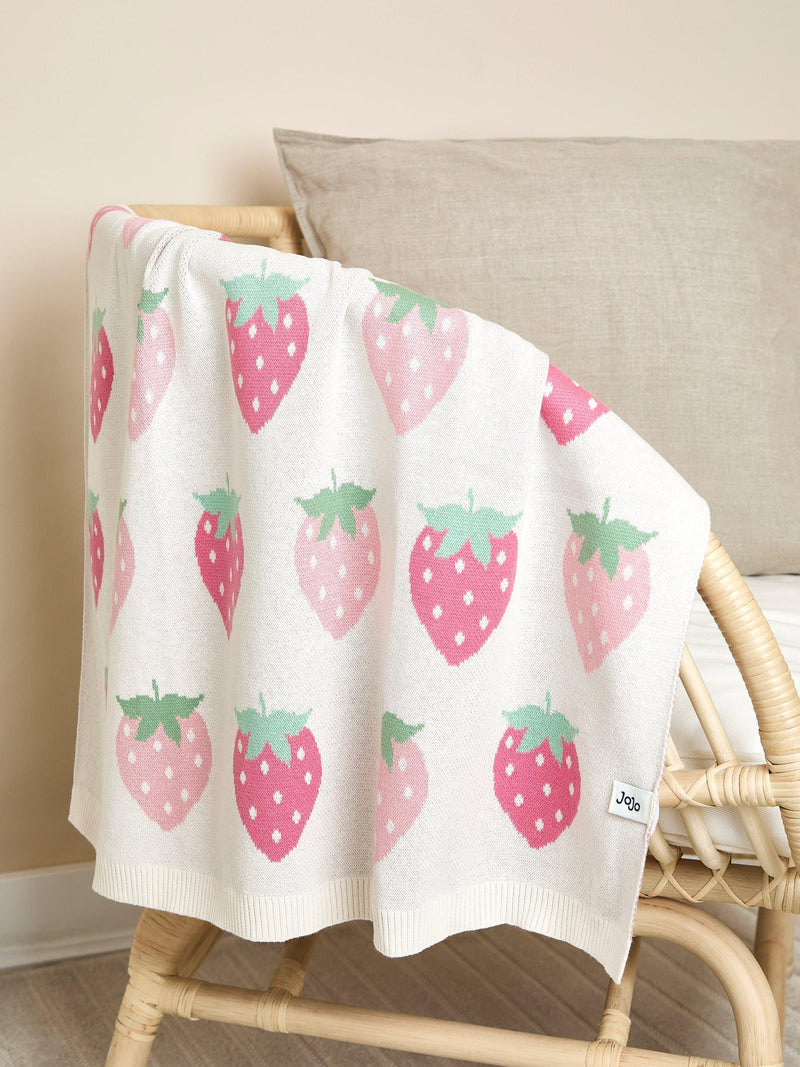 JoJo Maman Bébé pink strawberry baby blanket, imported from the UK