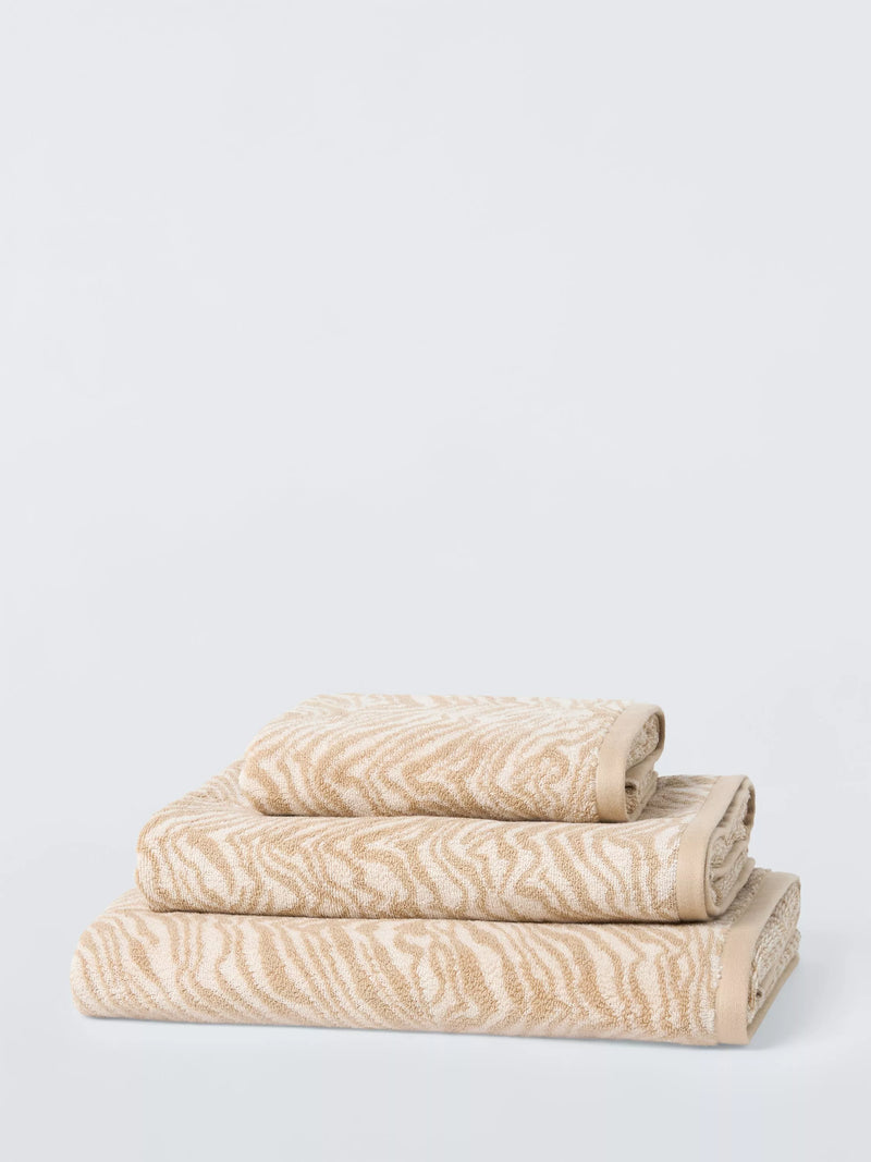 John Lewis zebra print towel in camel, 600gsm bathroom towel (British brand)