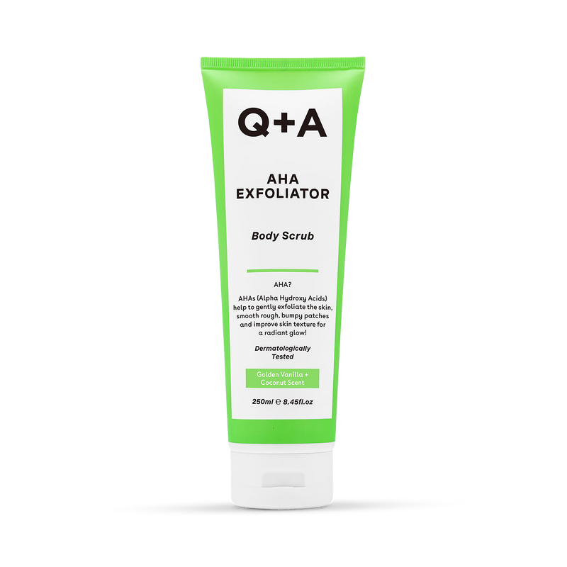 Q+A AHA Body Scrub Vanilla Coconut 250ml, imported from the UK