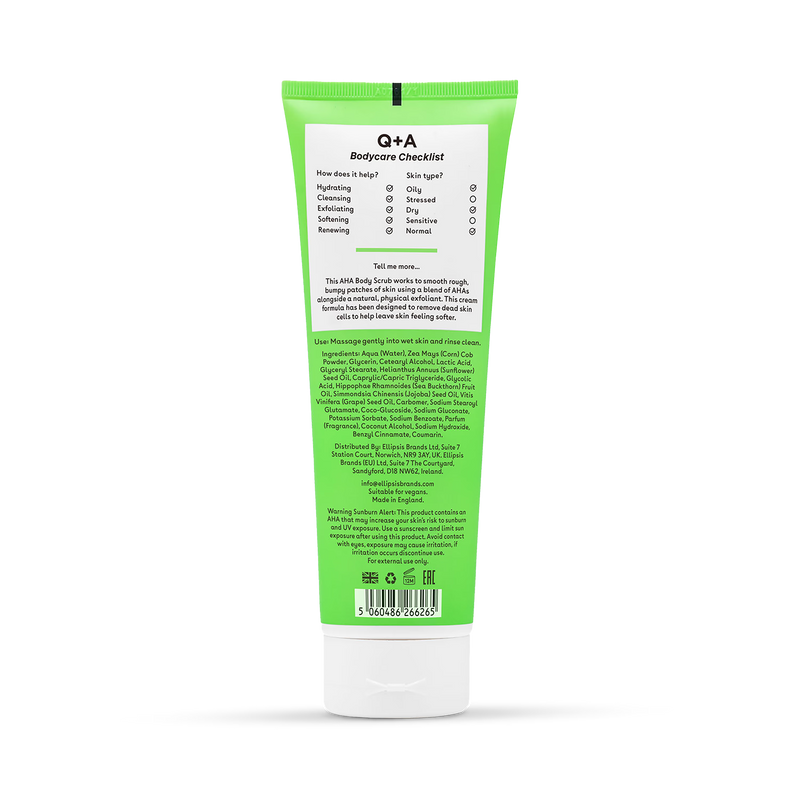 Q+A AHA Body Scrub Vanilla Coconut 250ml, imported from the UK