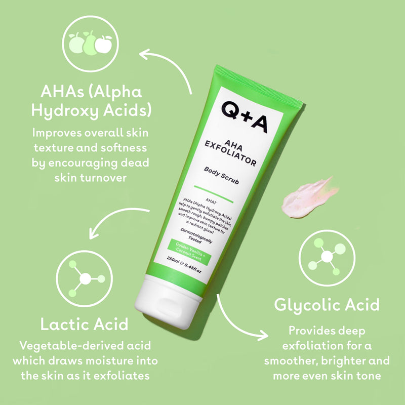 Q+A AHA Body Scrub Vanilla Coconut 250ml, imported from the UK