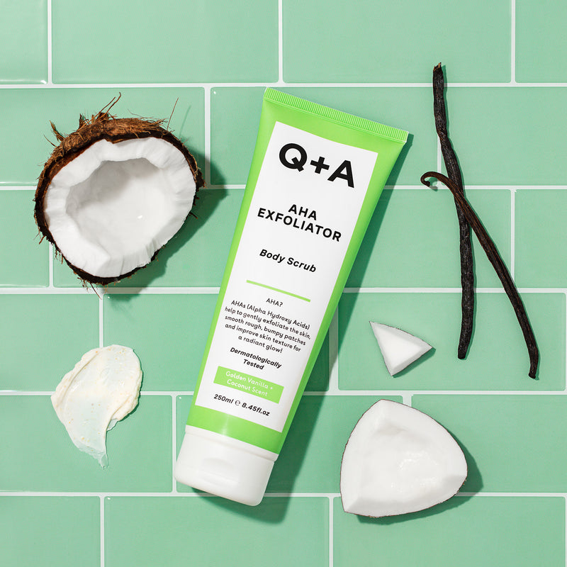 Q+A AHA Body Scrub Vanilla Coconut 250ml, imported from the UK