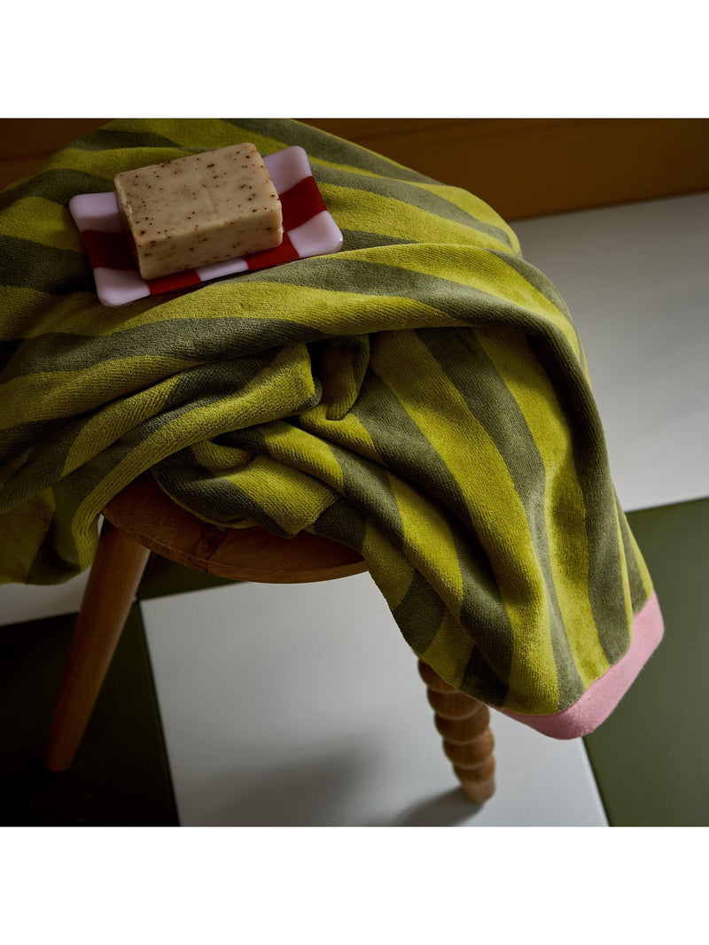 Land & Shore Grass Stripe jacquard towels in green and blue (British brand)