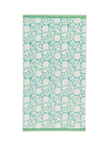 Land Shore floral blue bath towel with red and green trim, UK version