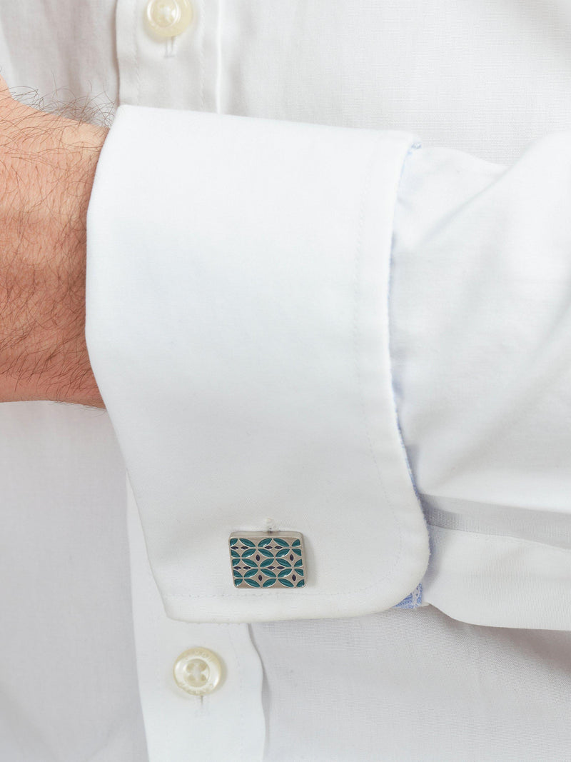 Simon Carter enamel cufflinks blue teal retro pattern, UK version