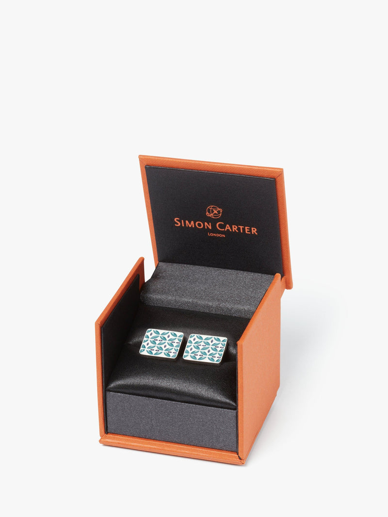 Simon Carter enamel cufflinks blue teal retro pattern, UK version