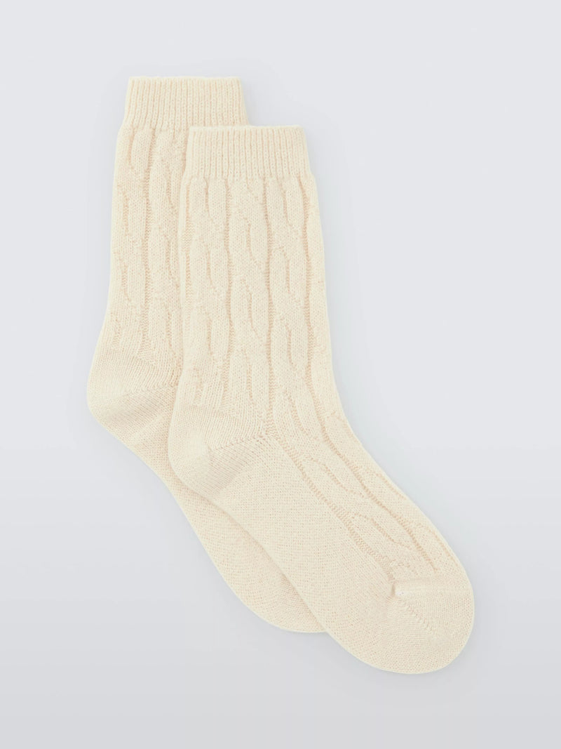 John Lewis Cashmere Rich Cable Knit Bed Socks, Ivory, S-M