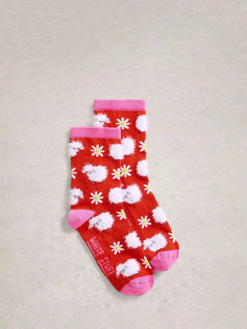 White Stuff fluffy sheep ankle socks in red multi, UK version