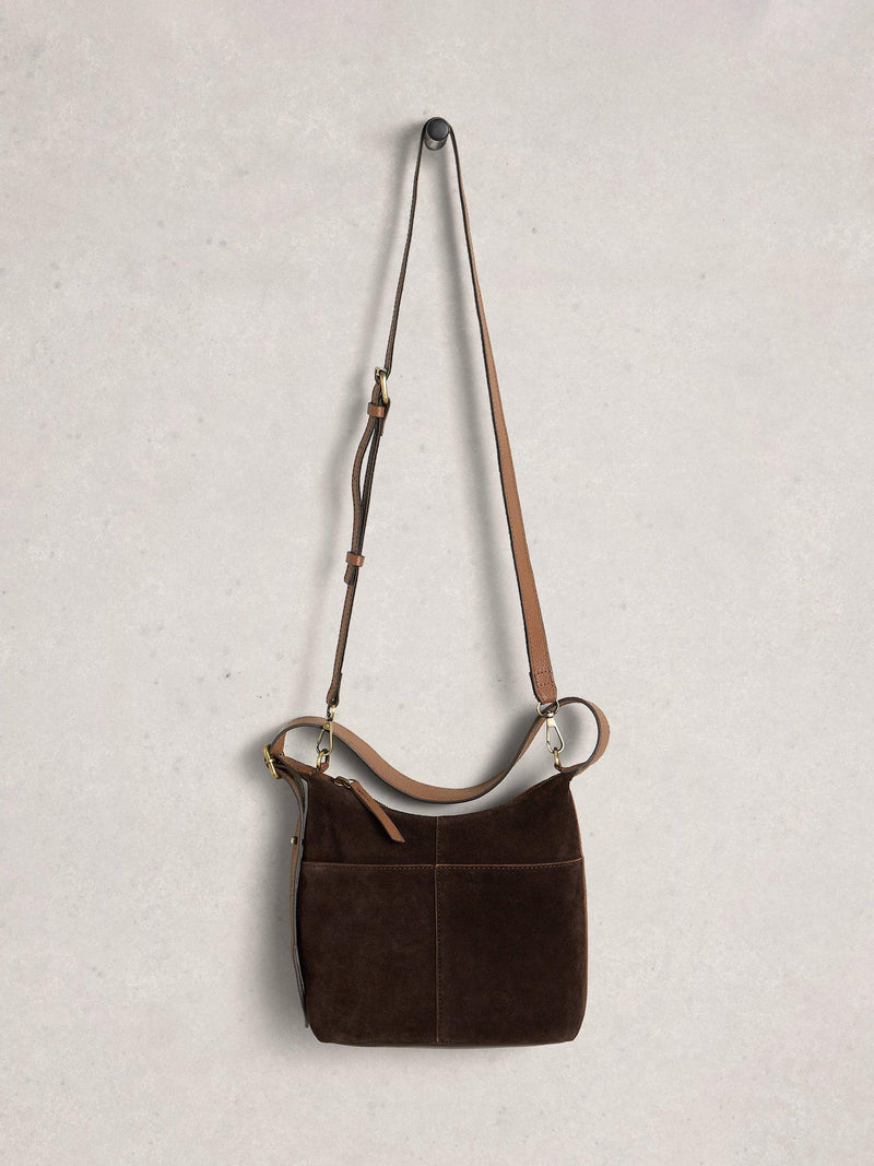 White Stuff Sophie Mini Suede Crossbody Bag dark brown, imported from the UK