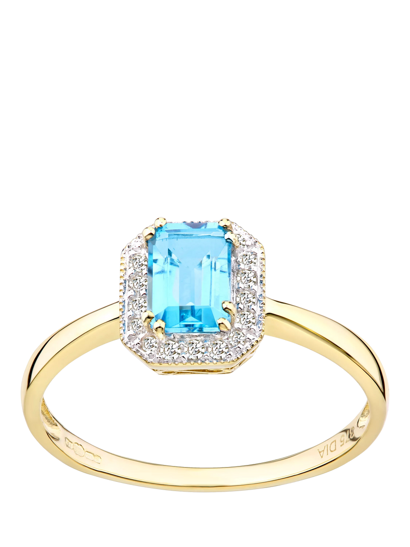 Mogul 9ct yellow gold blue topaz diamond ring, imported from the UK