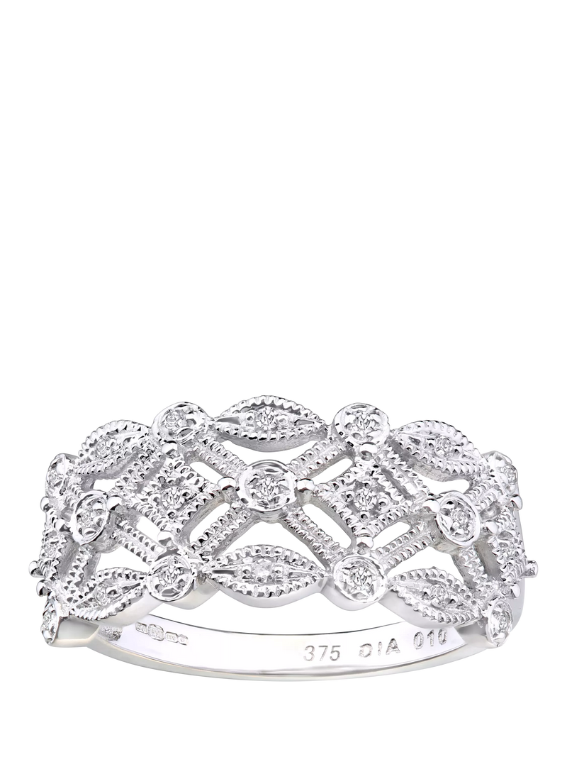 Mogul 9ct white gold filigree diamond ring 3mm (British brand)