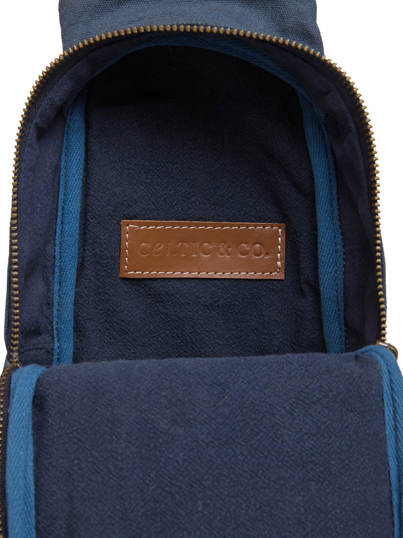 Celtic & Co. navy canvas sling bag with leather trim (British brand)