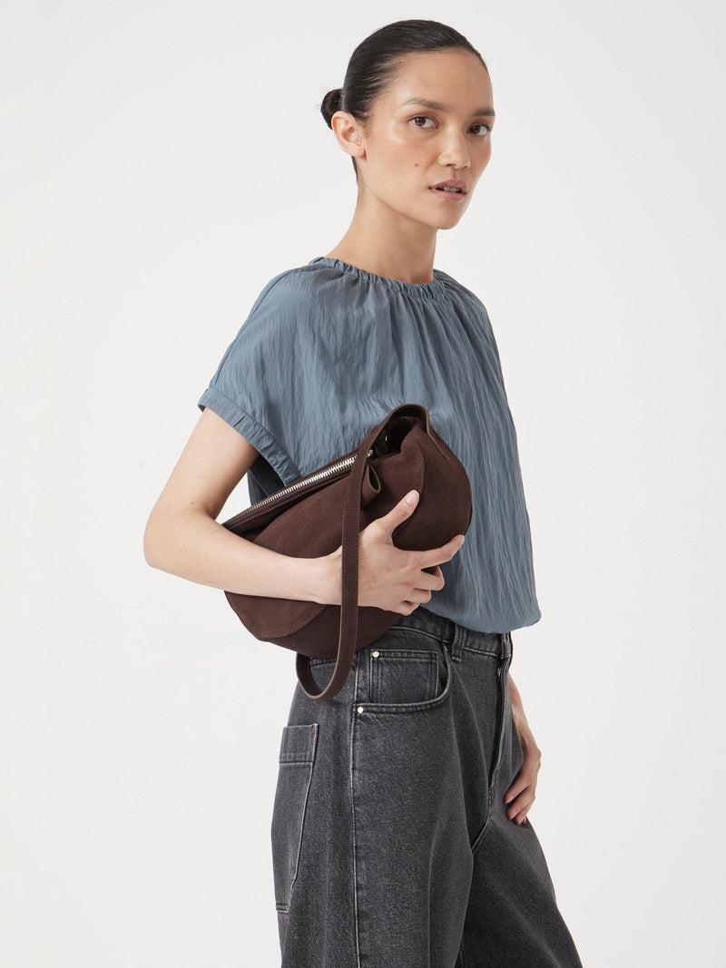 HUSH crescent suede bag dark brown - British product