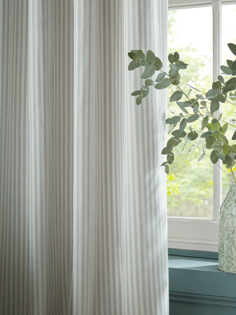 Laura Ashley chenille stripe lined eyelet curtains in slate blue, imported from the UK