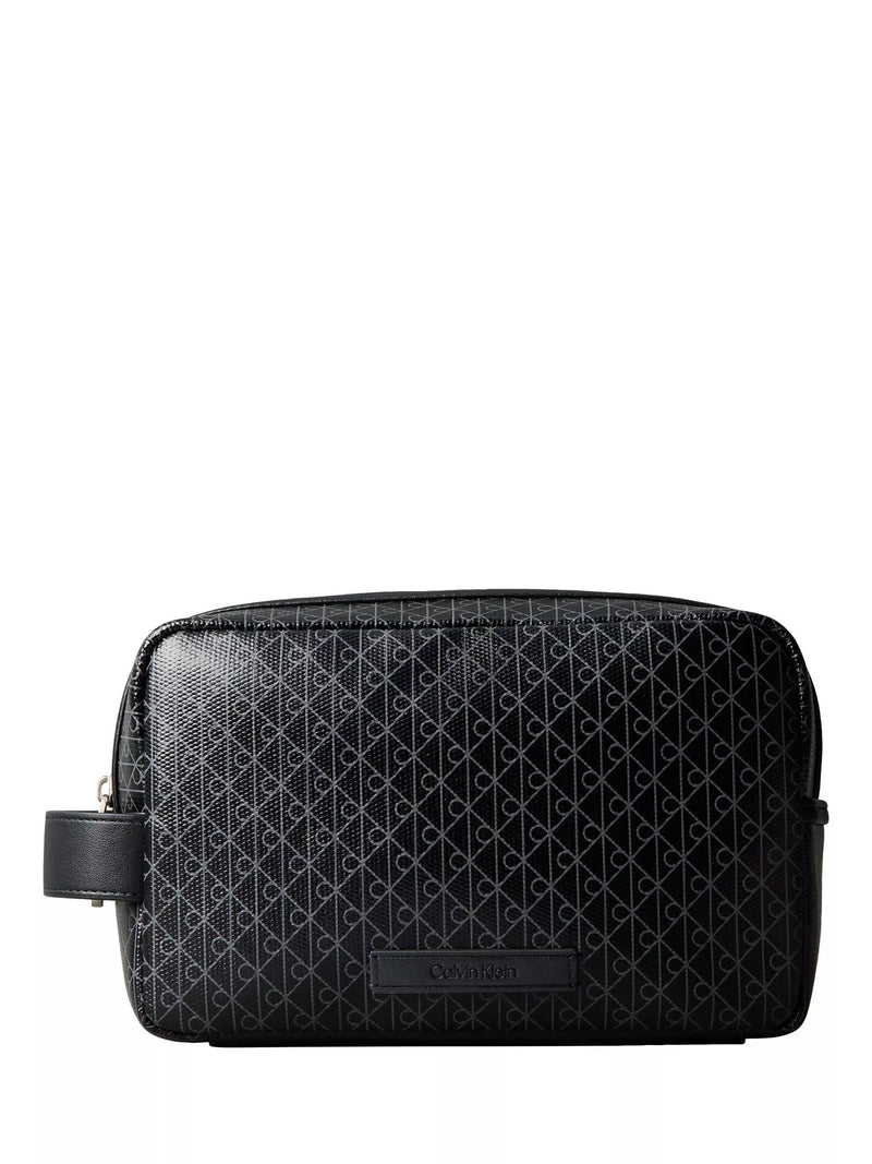 Calvin Klein monogram logo zip wash bag in black, UK version
