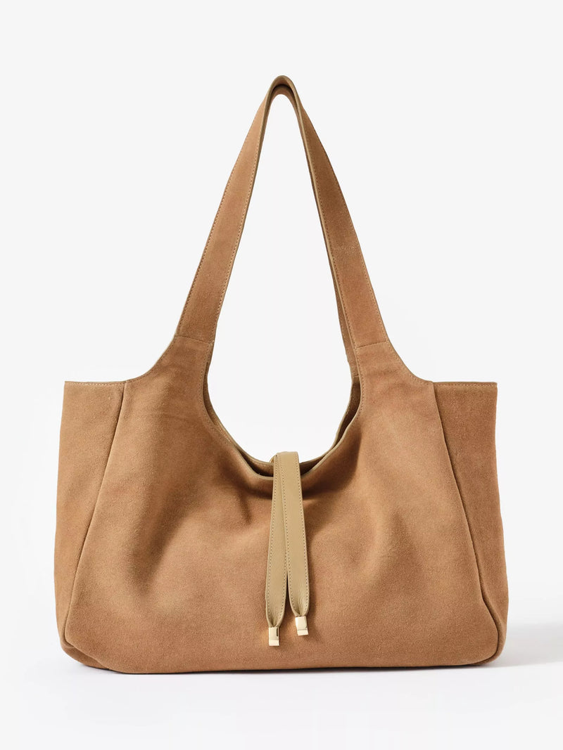 Mint Velvet slouchy suede shoulder bag in natural, imported from the UK