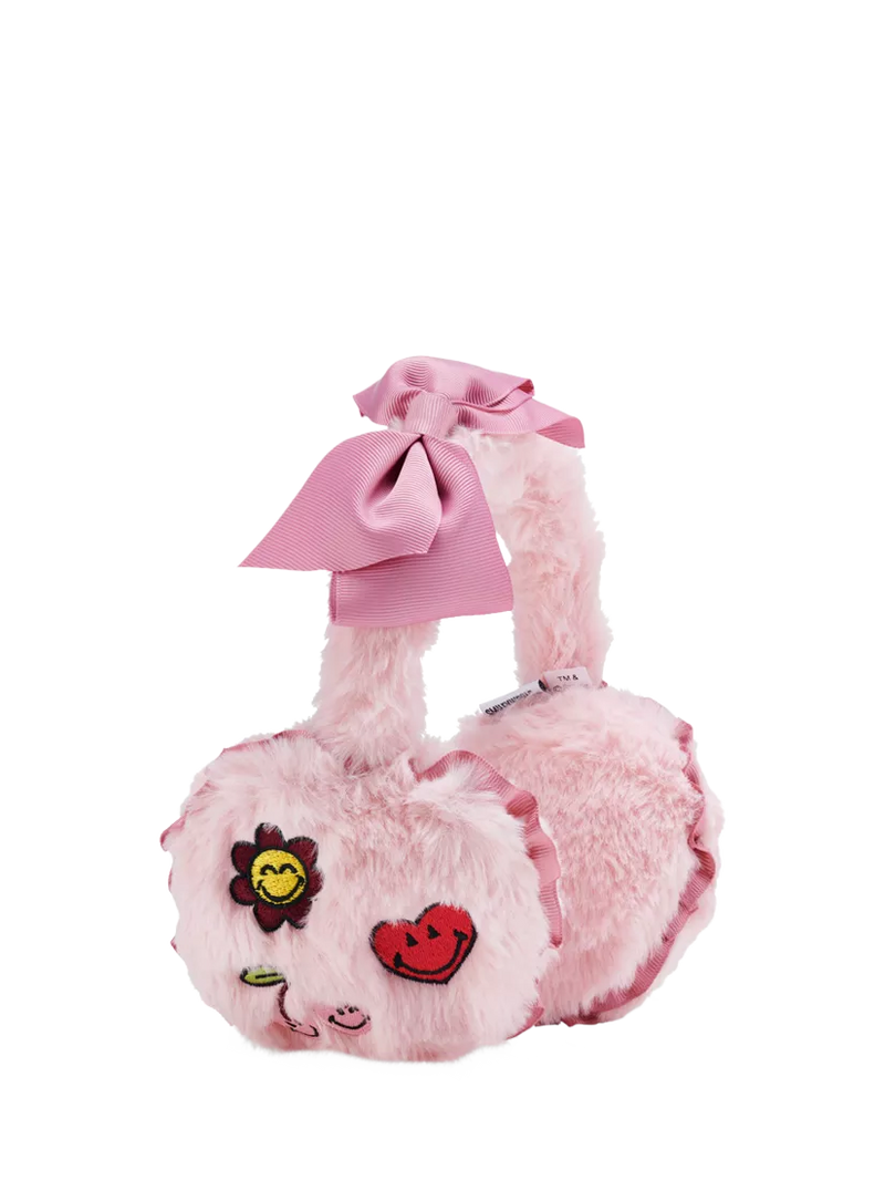 Small Stuff faux fur ear muffs in pink with smiley patches, UK version