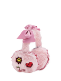 Small Stuff faux fur ear muffs in pink with smiley patches, UK version