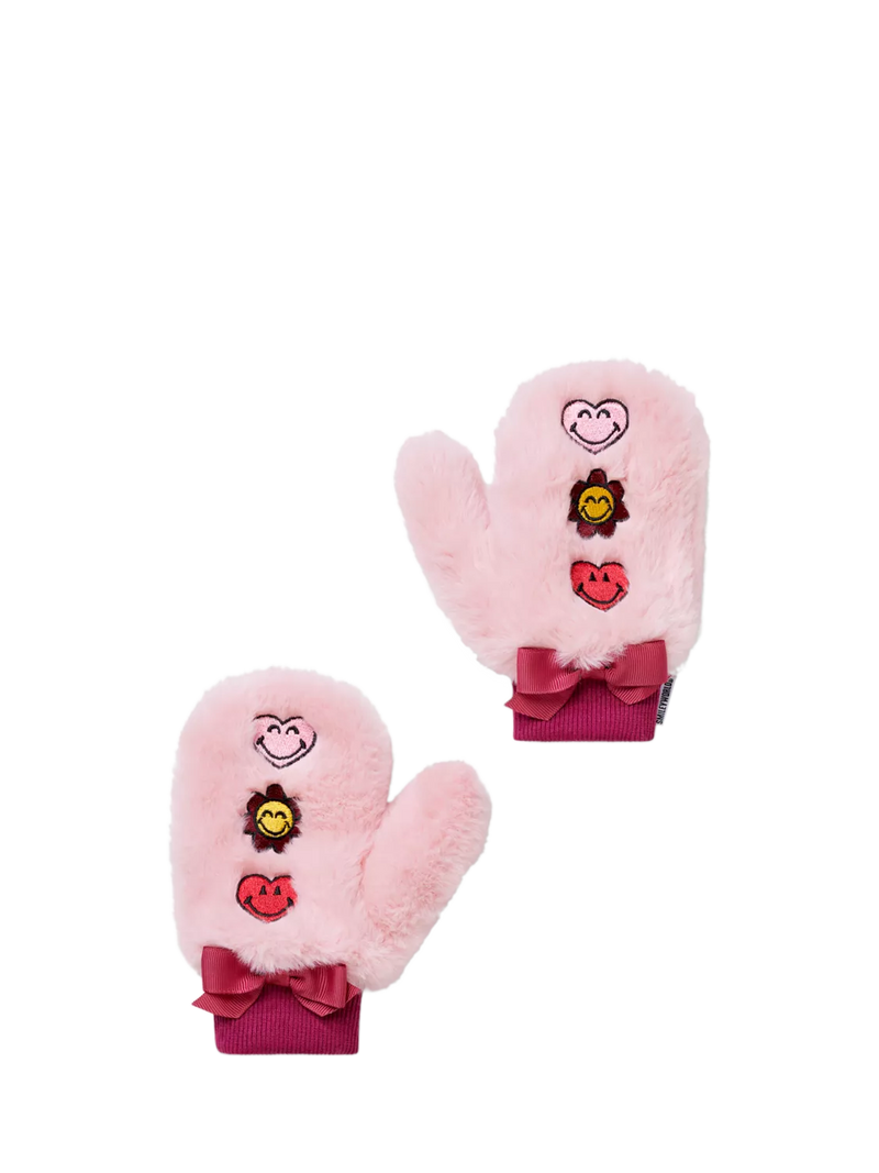 Small Stuff kids' smiley faux fur mittens in pink (British brand)
