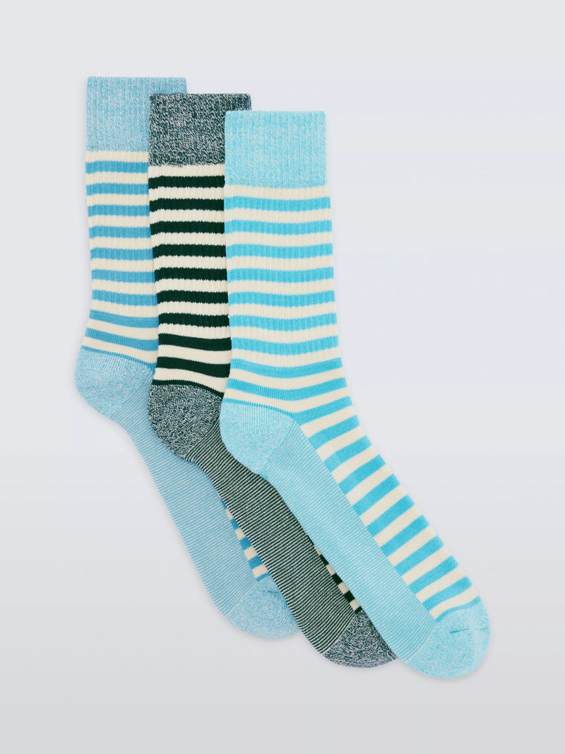 John Lewis cotton blend stripe boot socks pack of 3 blue multi, UK version