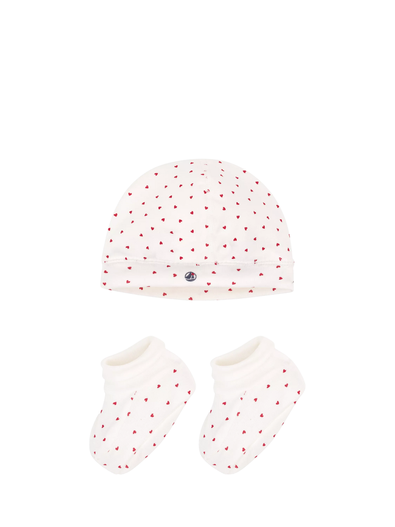 Petit Bateau baby hat and booties set with heart print - British product