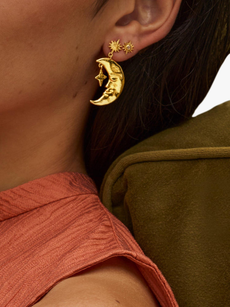Ottoman Hands gold crescent moon drop earrings, imported from the UK