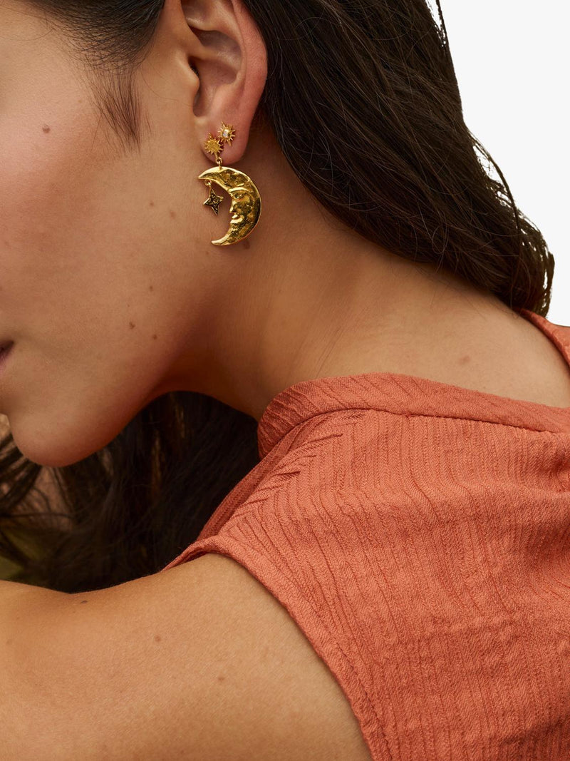 Ottoman Hands gold crescent moon drop earrings, imported from the UK