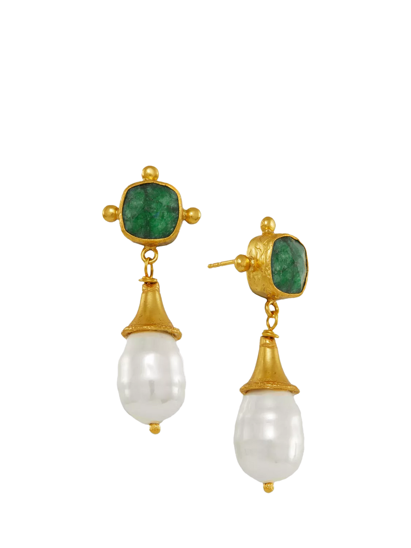 Ottoman Hands Esmeray emerald pearl drop stud earrings gold - British product
