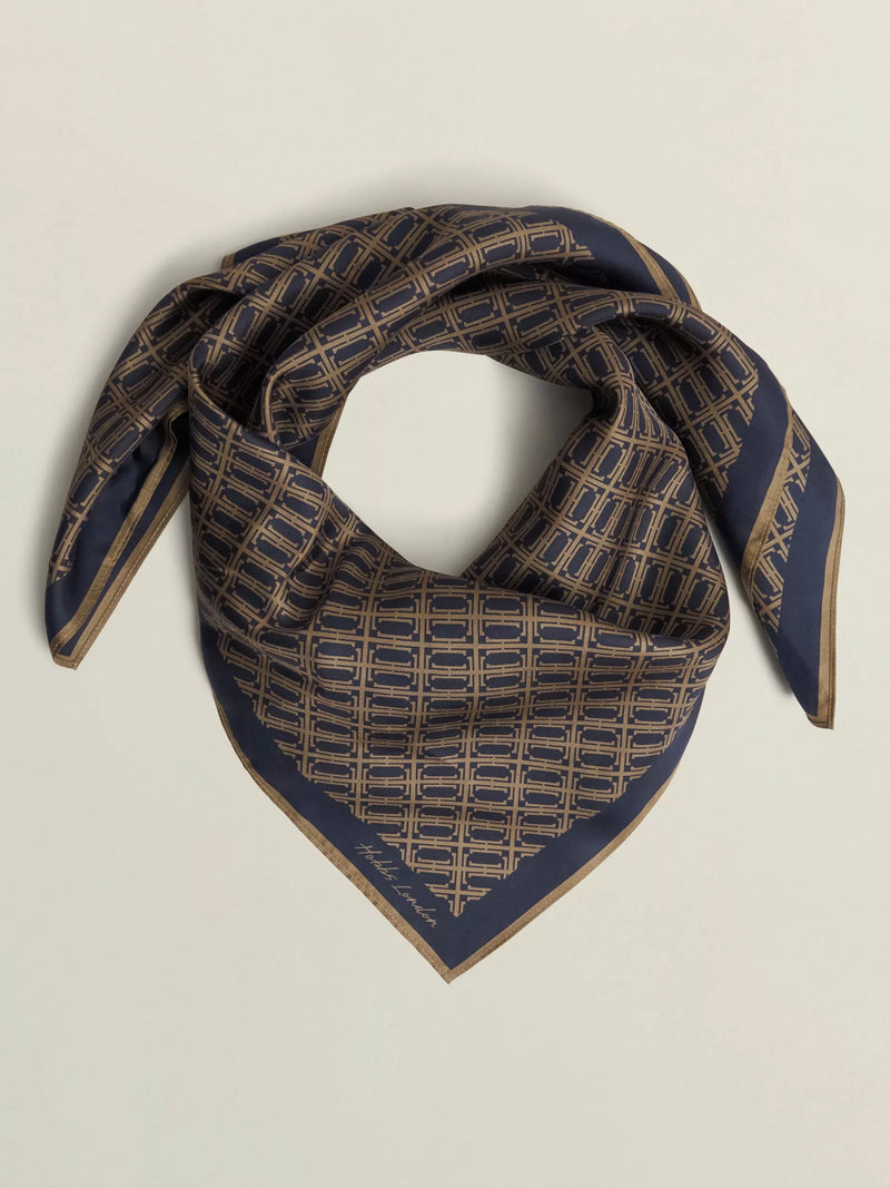 Hobbs pure silk scarf navy and camel abstract pattern 90cm - British product