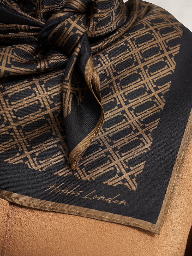 Hobbs pure silk scarf navy and camel abstract pattern 90cm - British product