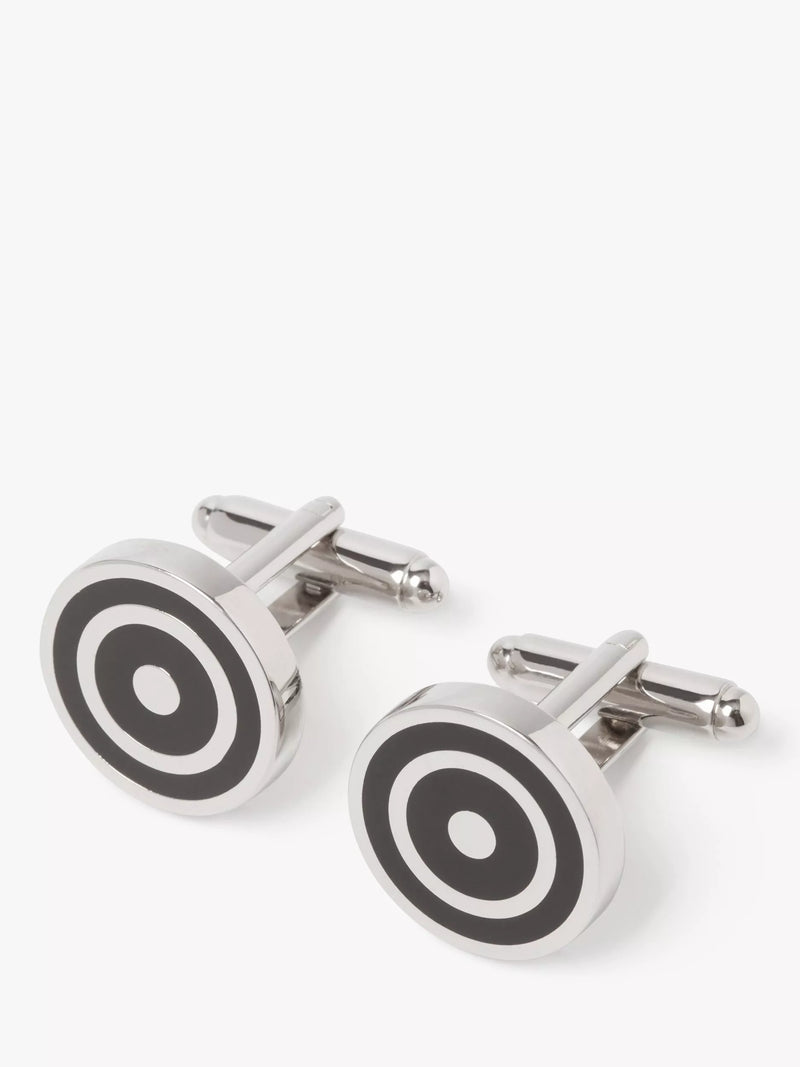 Simon Carter Orbit enamel round cufflinks silver and black, UK version