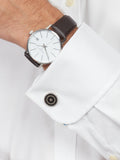 Simon Carter Orbit enamel round cufflinks silver and black, UK version
