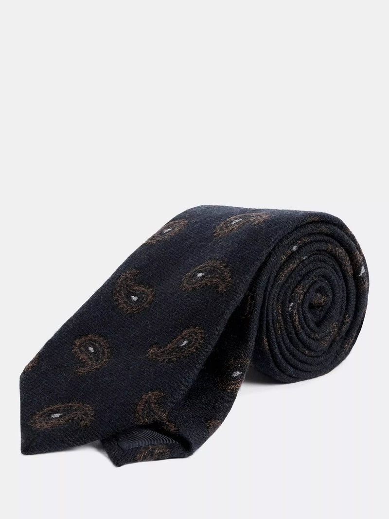 Moss wool and silk paisley tie in blue, imported from the UK