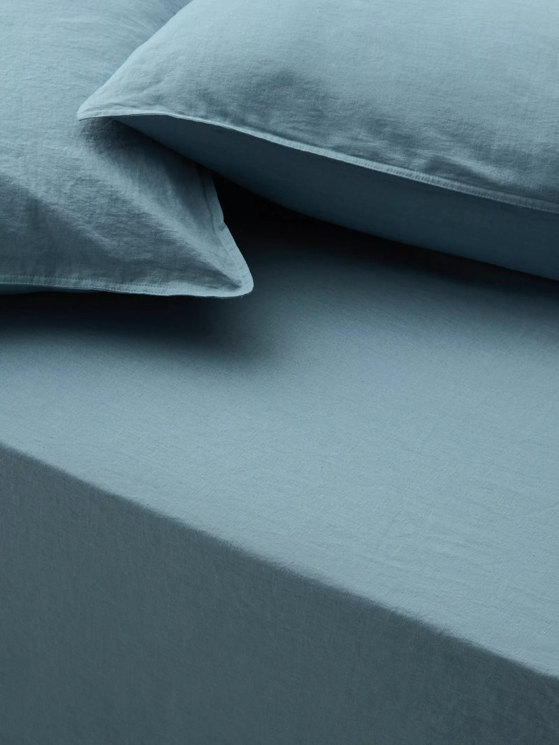 John Lewis Comfy & Relaxed Washed Linen Deep Fitted Sheets - Denim Blue Double