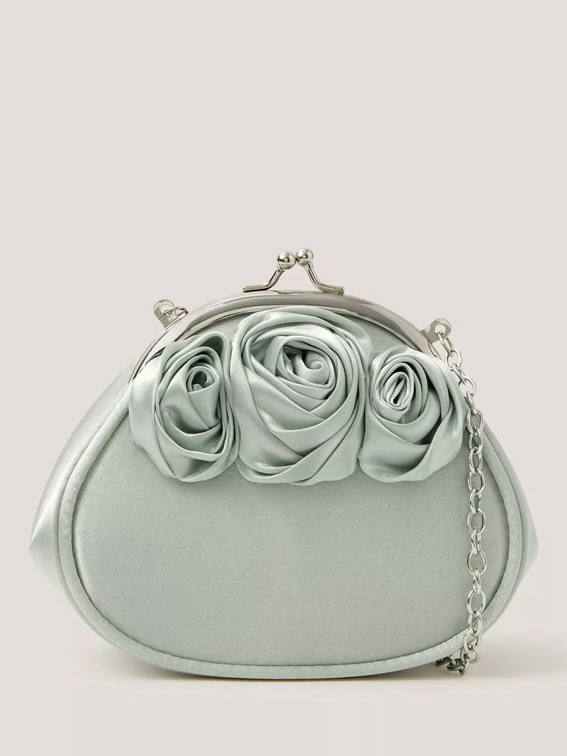 Monsoon kids' satin bag in sage with rose applique, UK version