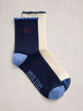 White Stuff embroidered ankle socks 2-pack navy cream, imported from the UK