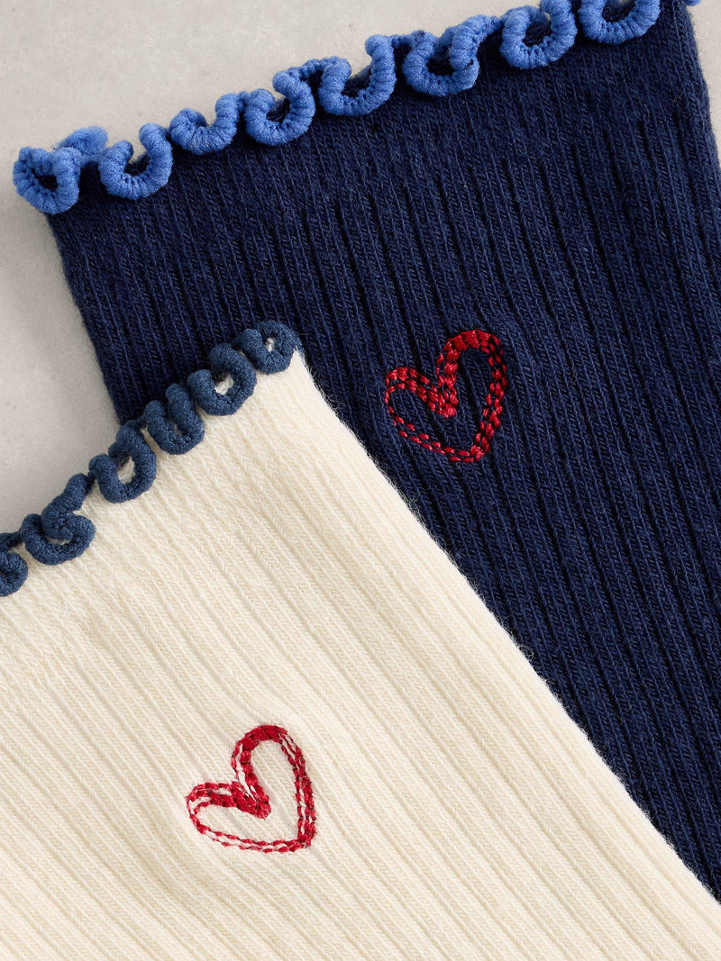 White Stuff embroidered ankle socks 2-pack navy cream, imported from the UK