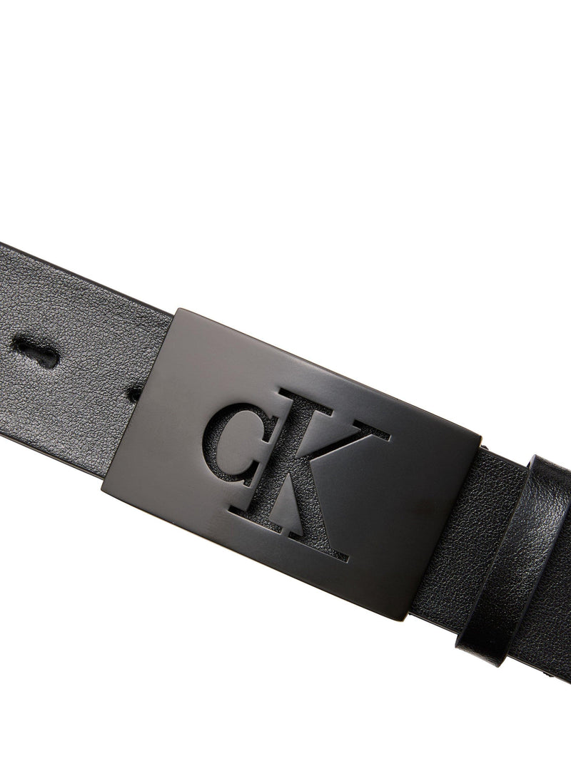 Calvin Klein split leather plaque buckle belt, UK version