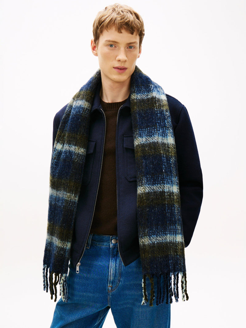 Tommy Hilfiger blue multi check wool blend scarf, imported from the UK