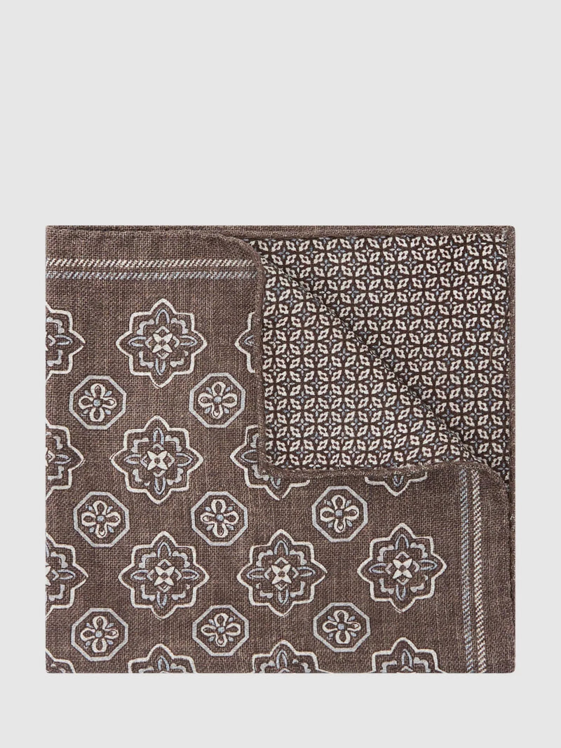 Reiss pocket square Chocolate Brown floral medallion silk (British brand)