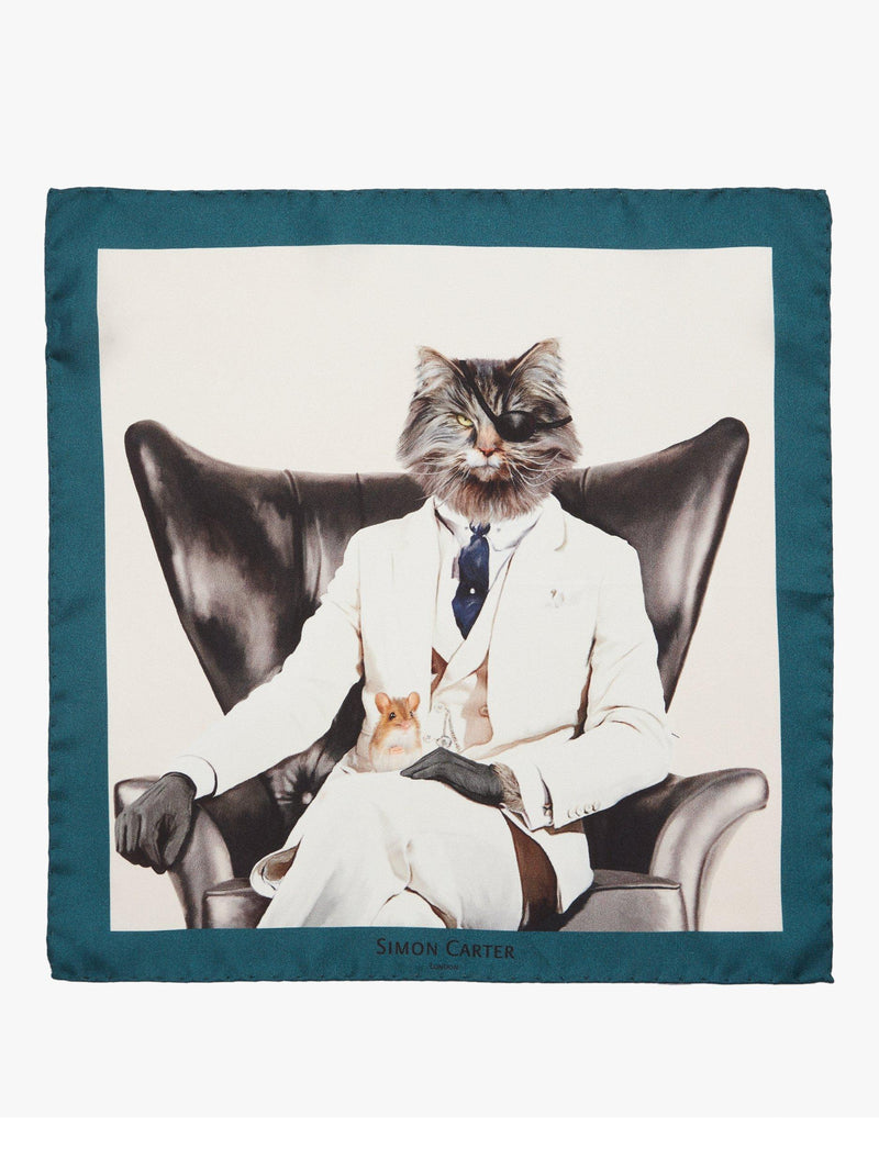 Simon Carter pocket square evil cat blue multi, imported from the UK