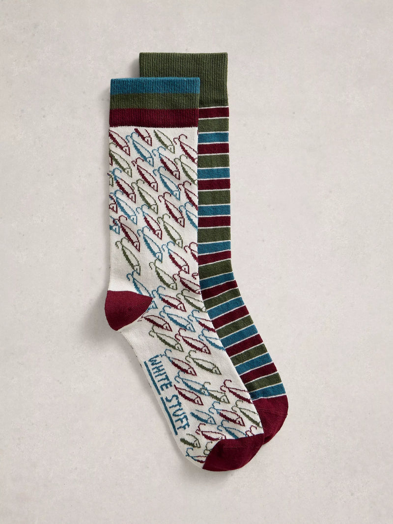 White Stuff pattern and stripe ankle socks red pack of 2 (British brand)